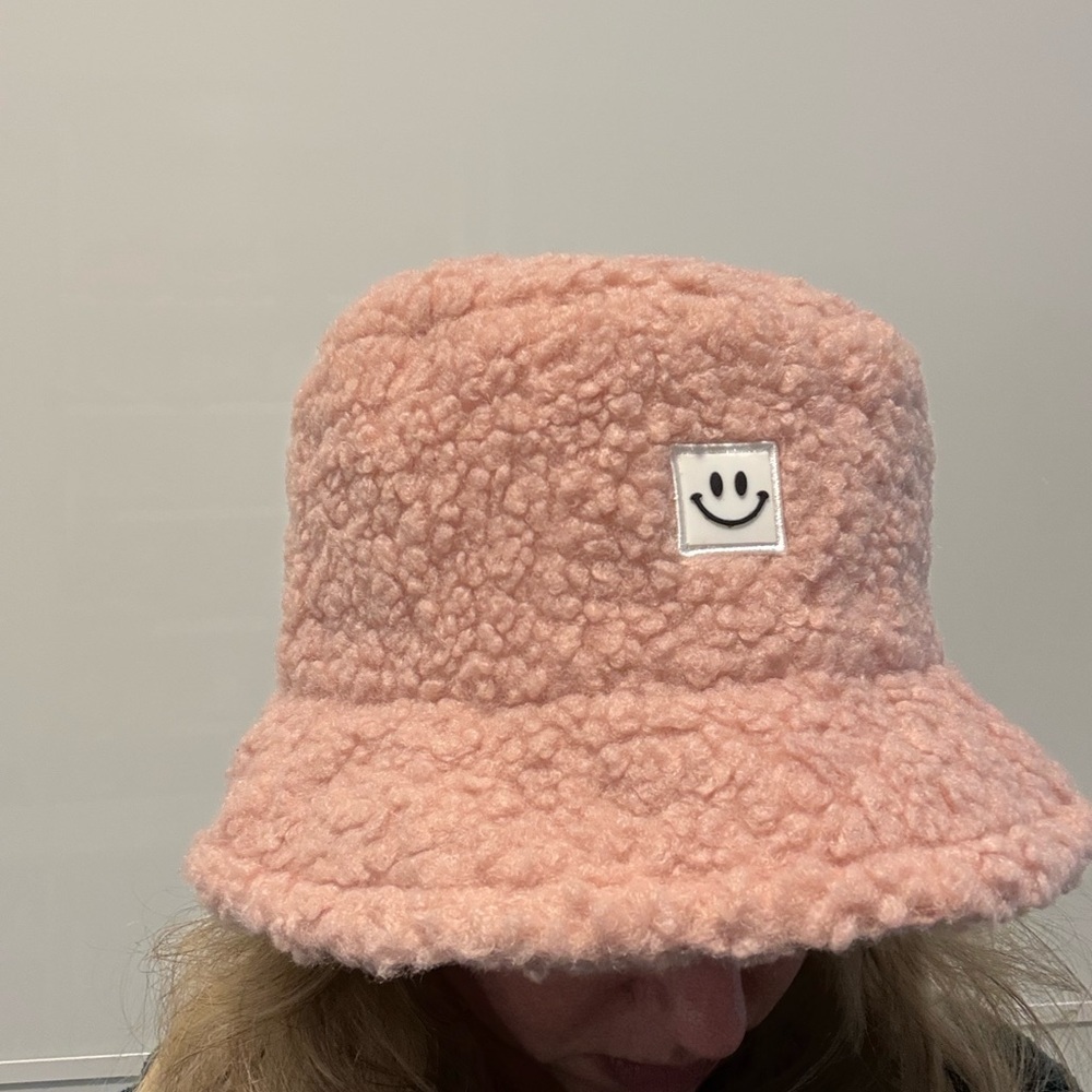 Pink Fuzzy Bucket Hat with Smiley Patch - Picture 1 of 4